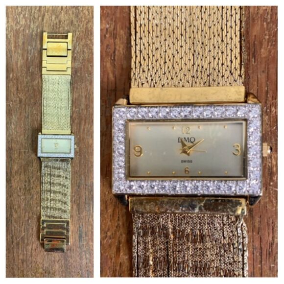 Vintage 80s 90s DMQ gold tone multi strand chain rhinestone face analog watch - Picture 1 of 9